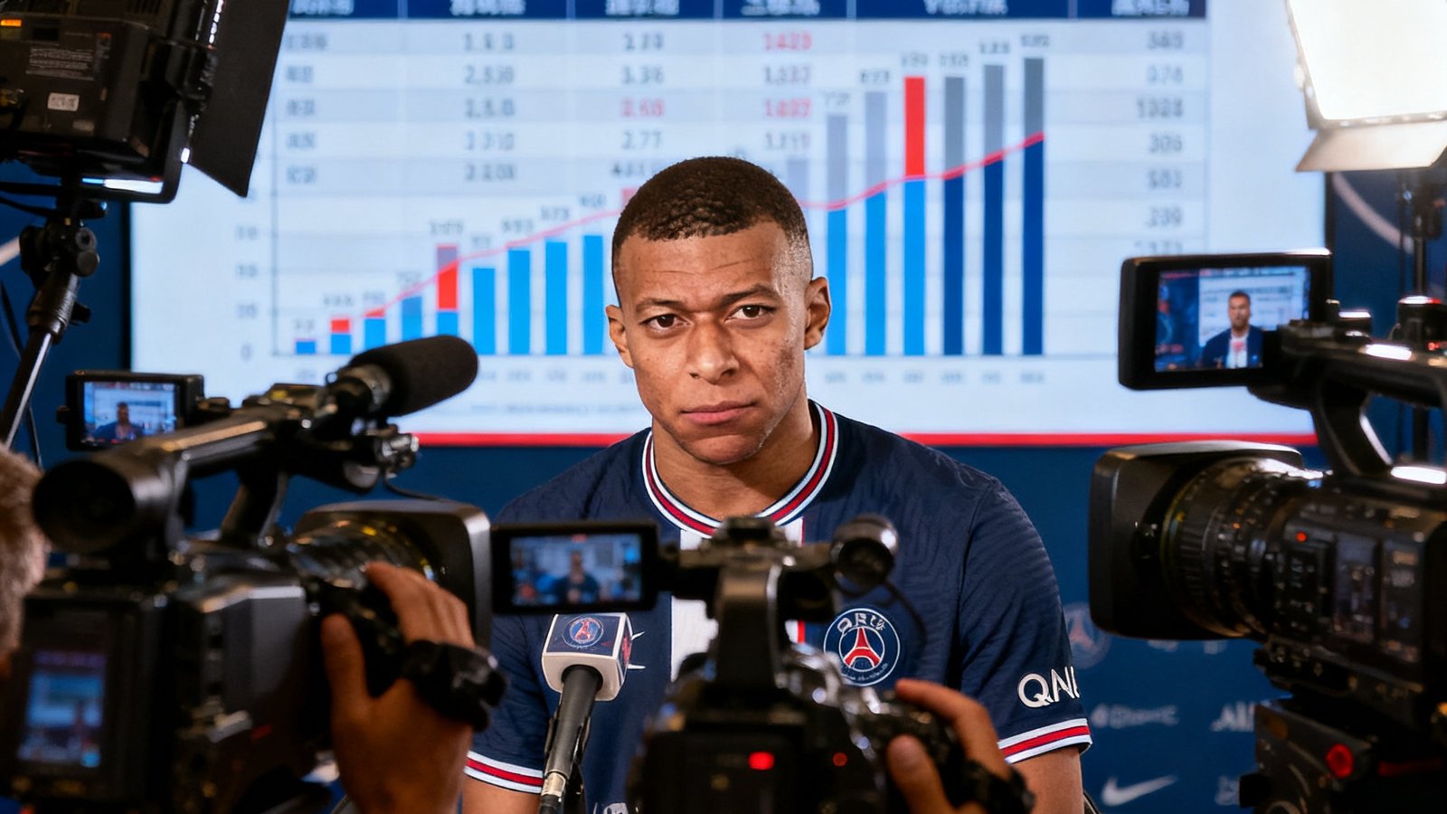 法国球星姆巴佩在巴黎举行的新闻发布会上面对数十台摄像机，表情严肃地回应关于转会皇家马德里的传闻，身后大屏幕显示其职业生涯关键数据。